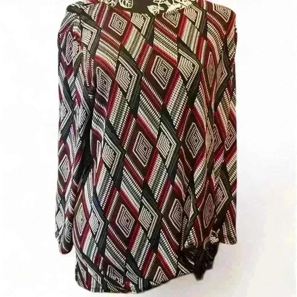 Ruby Rd Women's Geometric Long Sleeve Front Knot Blouse Size L Multicolor